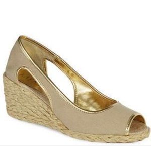 Tan peep toe wedge sandals